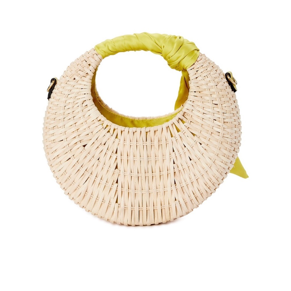 Woven straw Top handle crescent shape crossbody bag silk look citron scarf new - Picture 7 of 13